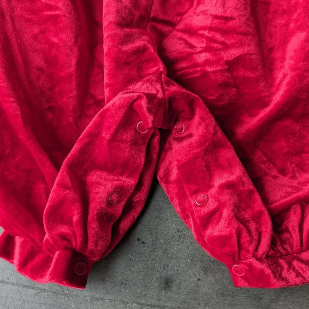 Vintage 80s Christmas One-Piece Romper Red Velour Lace Yoke Holiday size 6-9M